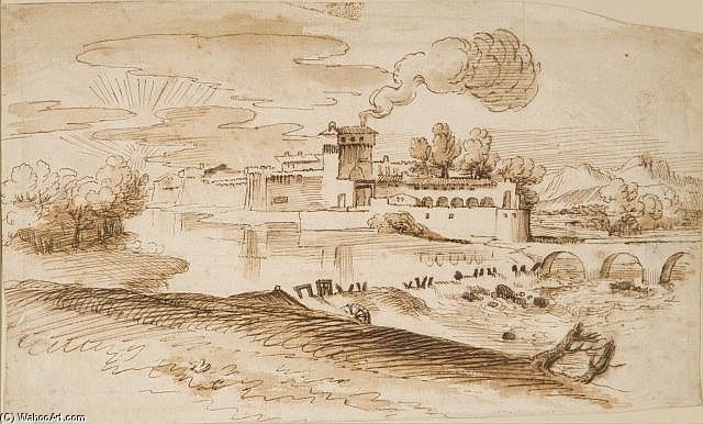 Bologne, - Rome, Forteresse Dans Un Paysage De Rivière Plume Et Encre Brune, Lavis Brun — Giovanni Francesco Grimaldi