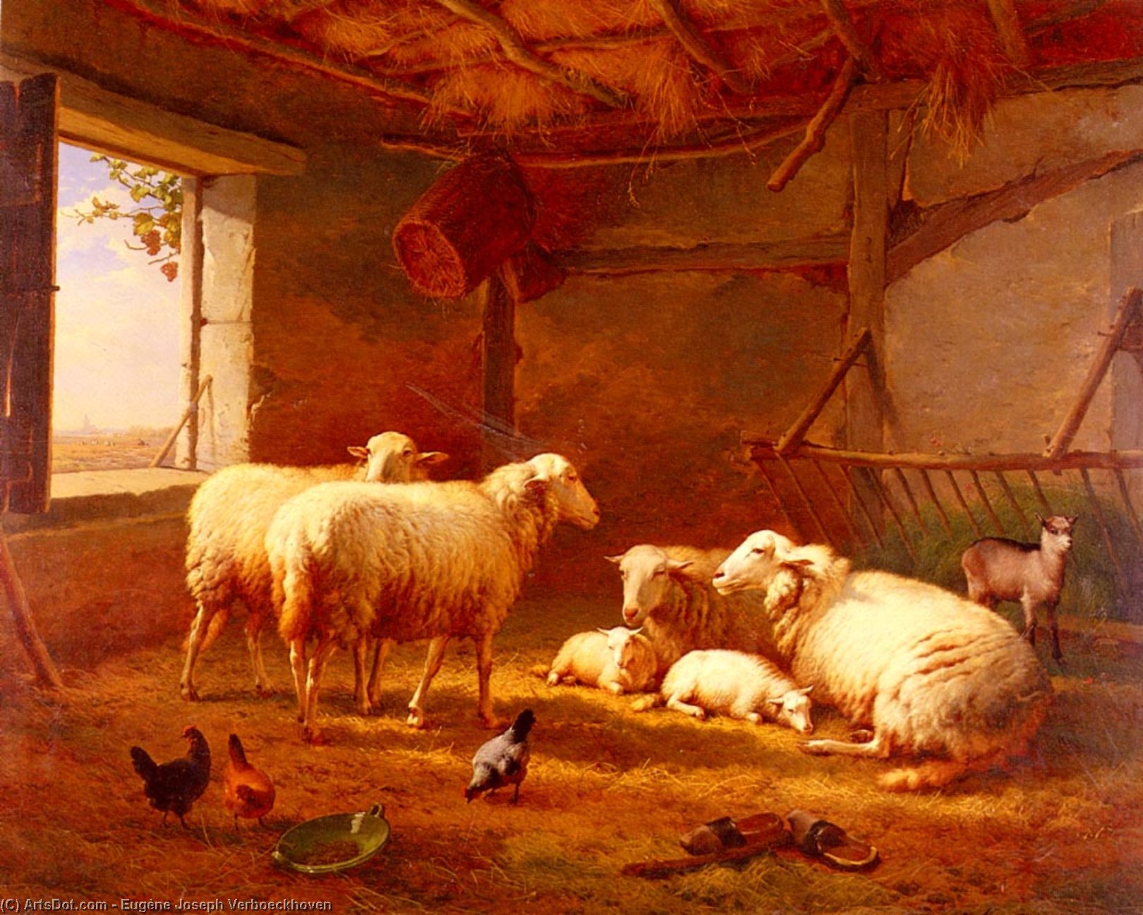 Sheep With Chickens And A Goat In A Barn — Eugène Joseph Verboeckhoven