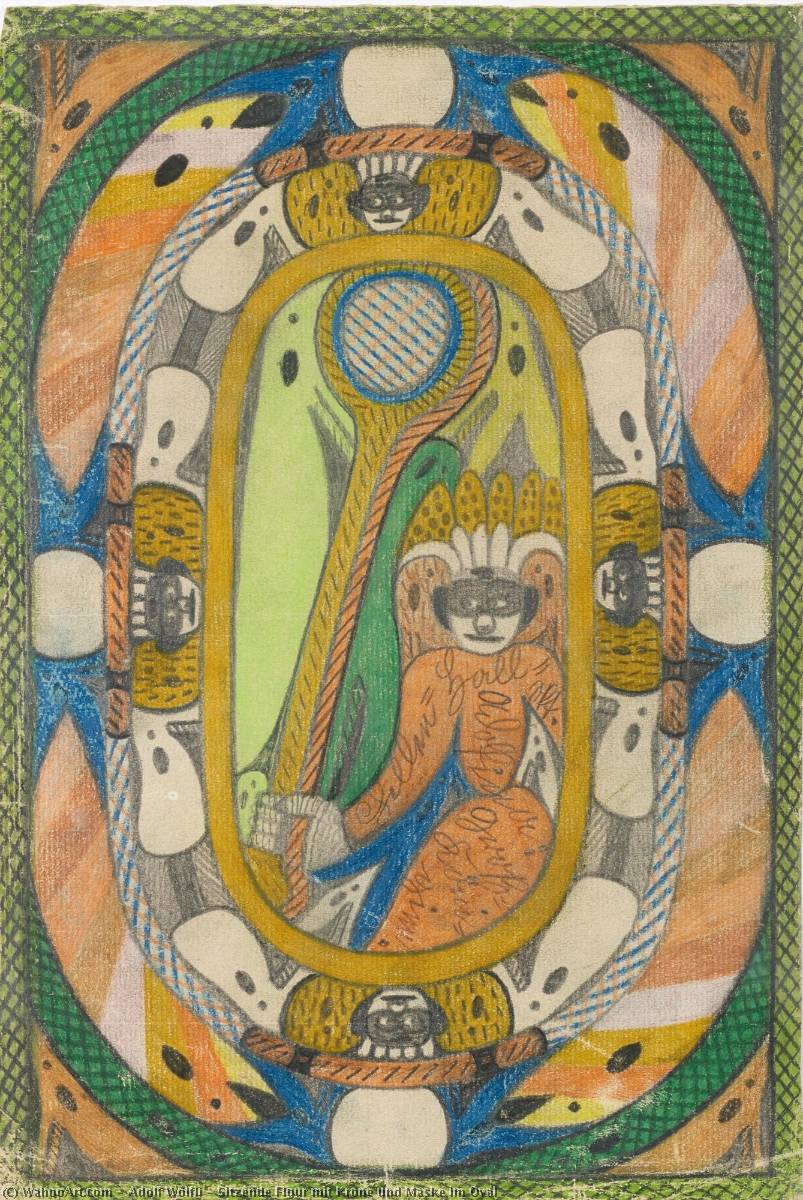 Sitzende Figur Mit Krone Und Maske Im Oval — Adolf Wölfli