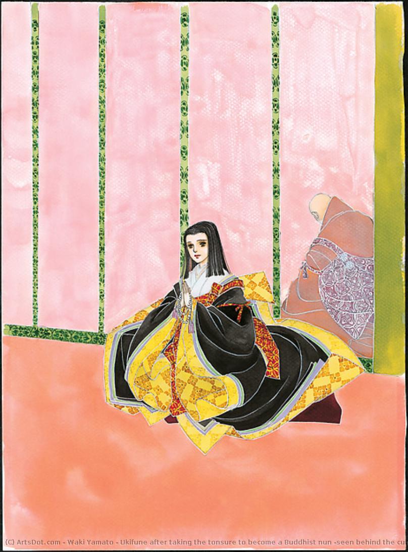 Ukifune After Taking The Tonsure To Become A Buddhist Nun (seen Behind The Curtain) And Living In A Convent Outside The Capital In Ono, From The Manga Series The Tale Of Genji: Dreams At Dawn (genji Monogatari: Asaki Yumemishi) — Waki Yamato