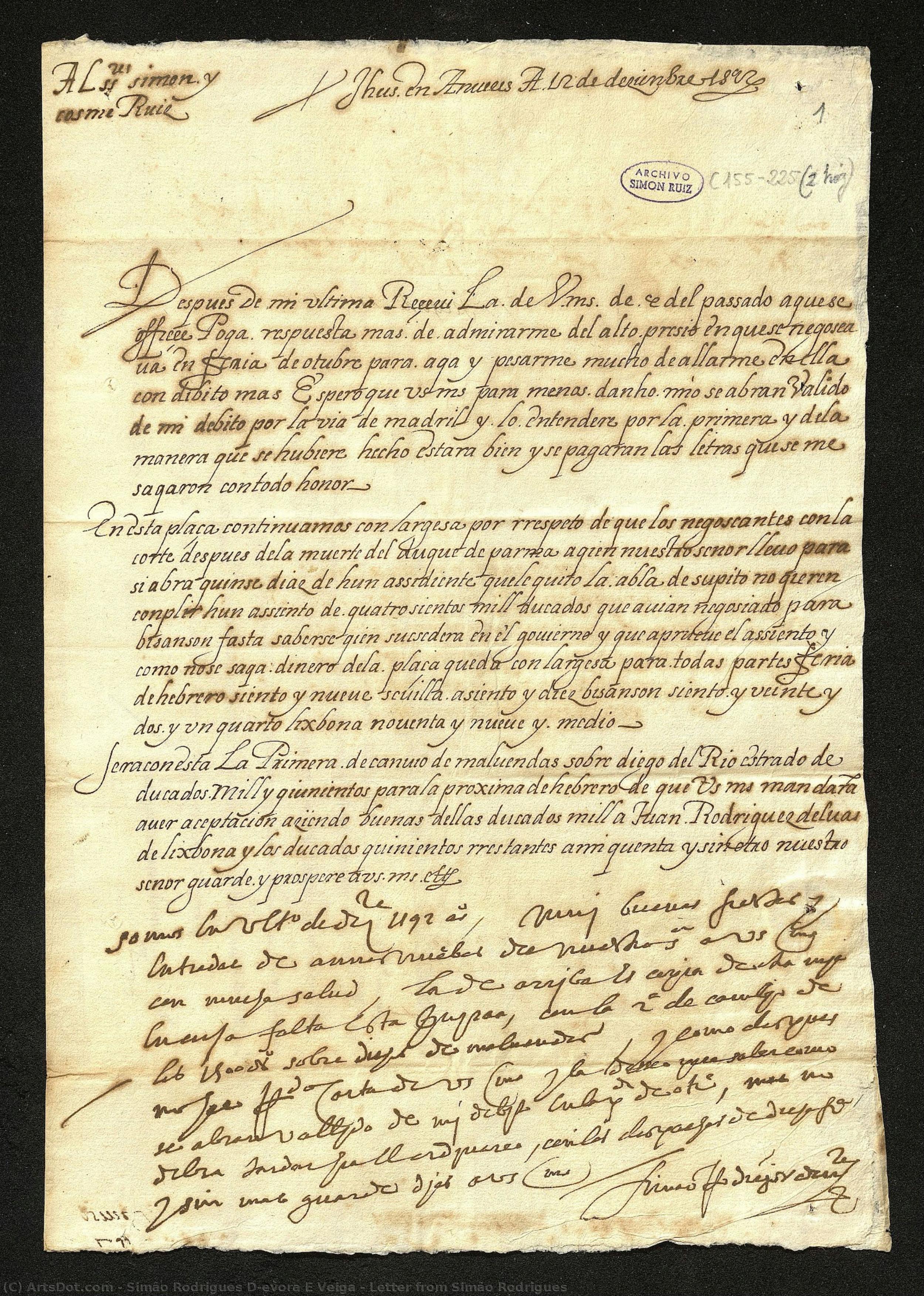 Letter From Simão Rodrigues — Simão Rodrigues De Évora