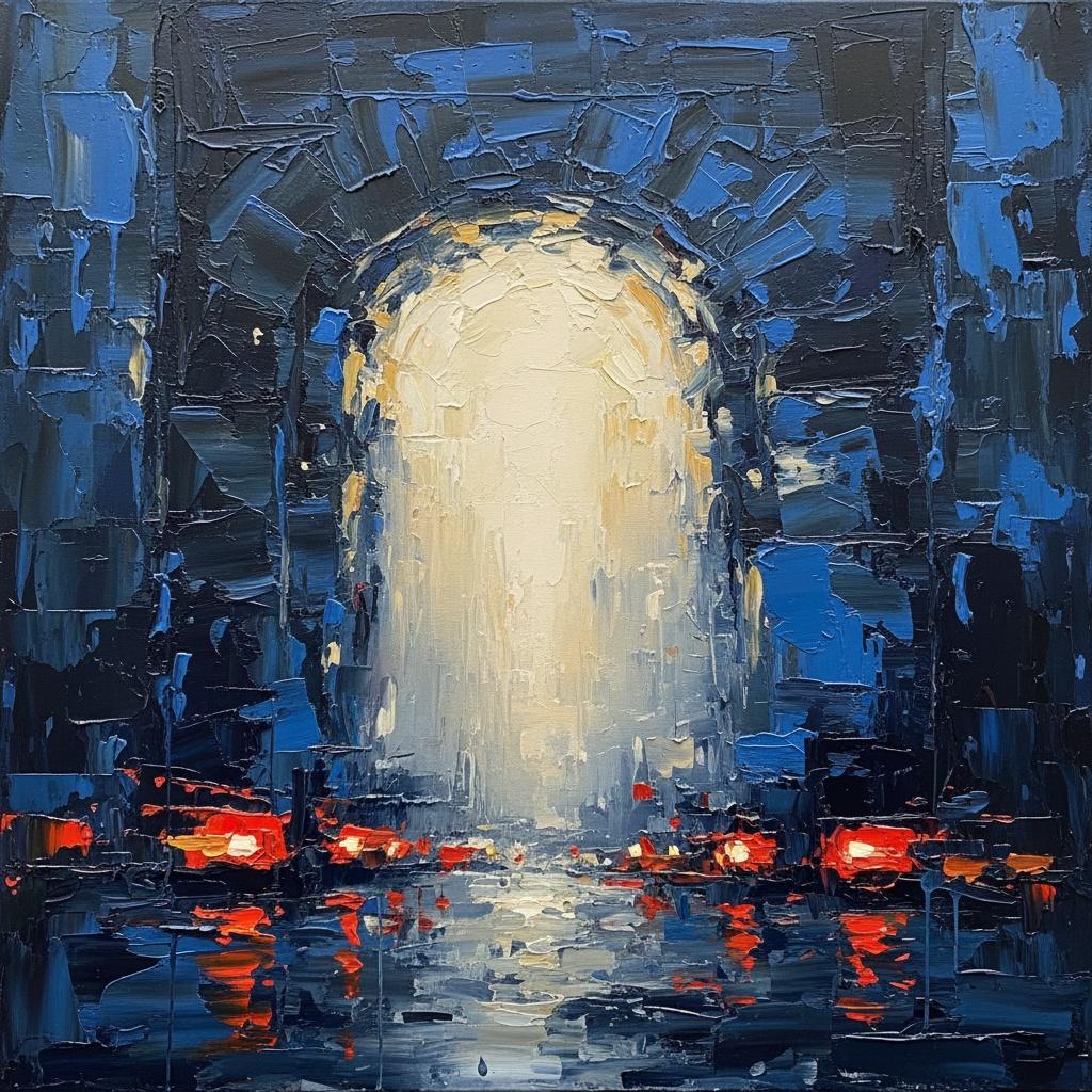 Strahlendes Portal Aus Mitternachtsschatten Und Karmesinroten Echos In Schwerem Impasto — Christian Noiret