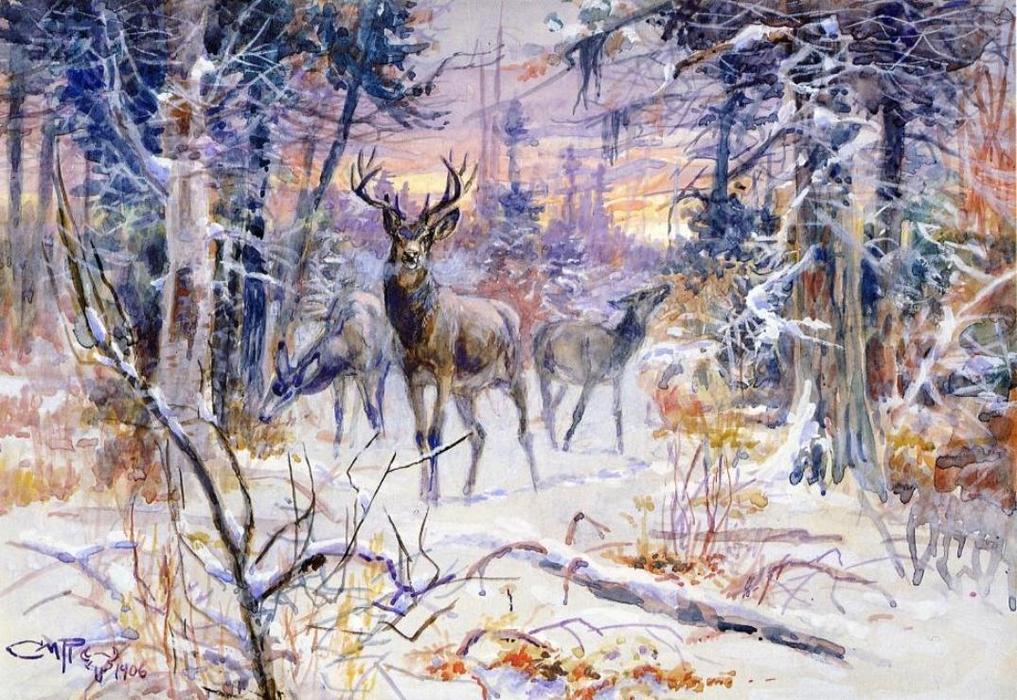 Deer In A Snowy Forest — Charles Marion Russell