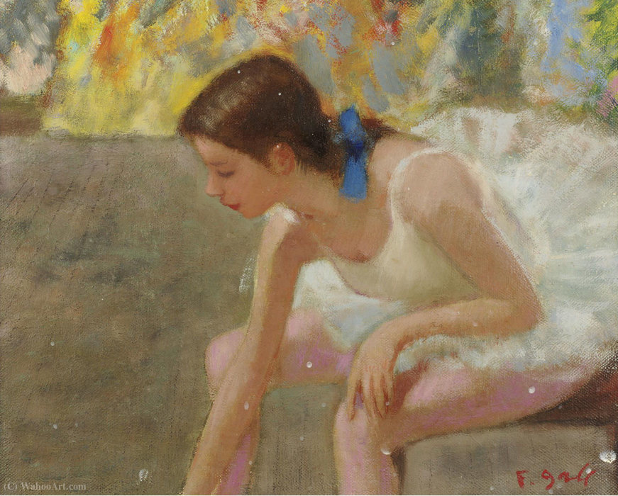 Marie-lize, Young Ballerine With Blue Ribbon Behind The Curtains — François Gall