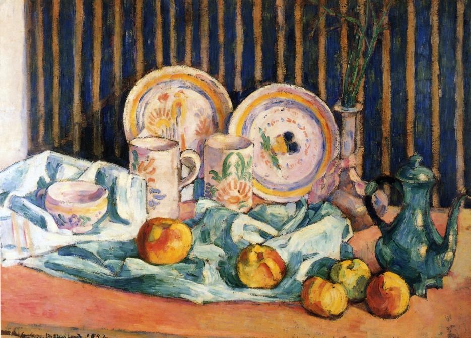 Still Life With Teapot, Apples And Dishes — Émile Bernard