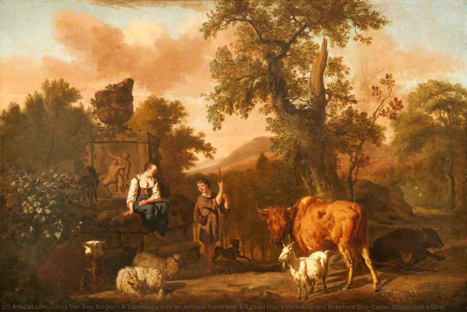 A Landscape With An Antique Tomb With A Ruined Urn, A Herdsboy And Shepherd Girl, Cattle, Sheep, And A Goat — Dirck Van Den Bergen