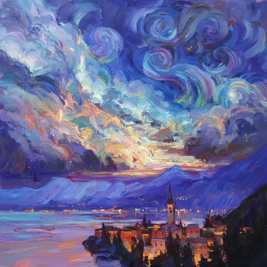 Vórtice Celestial Sobre La Orilla Silenciosa Del Crepúsculo, Una Obra Maestra Única En Impasto — Yann Lambert