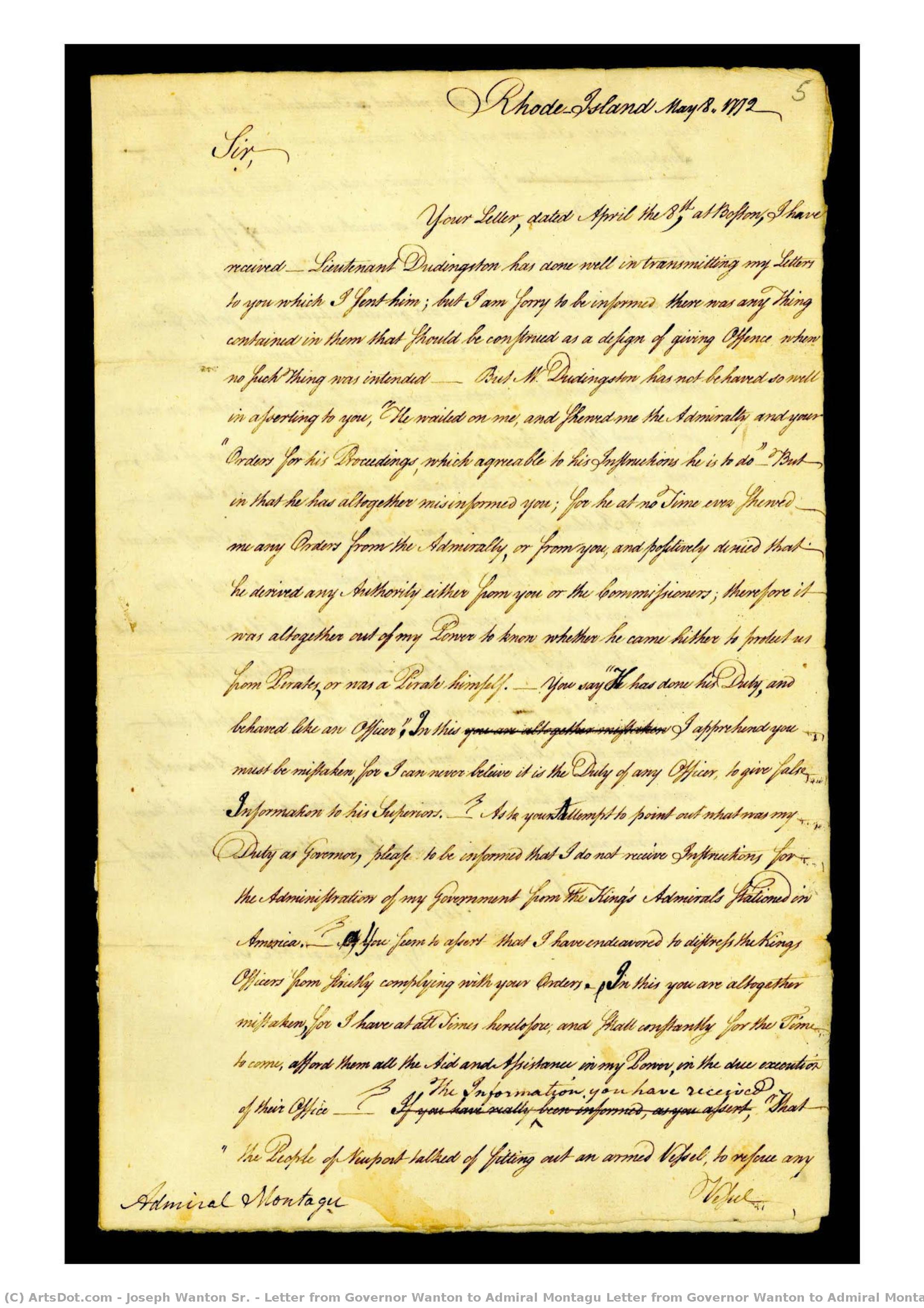 Letter From Governor Wanton To Admiral Montagu Letter From Governor Wanton To Admiral Montagu, Page 1 — Joseph Wanton Sr.