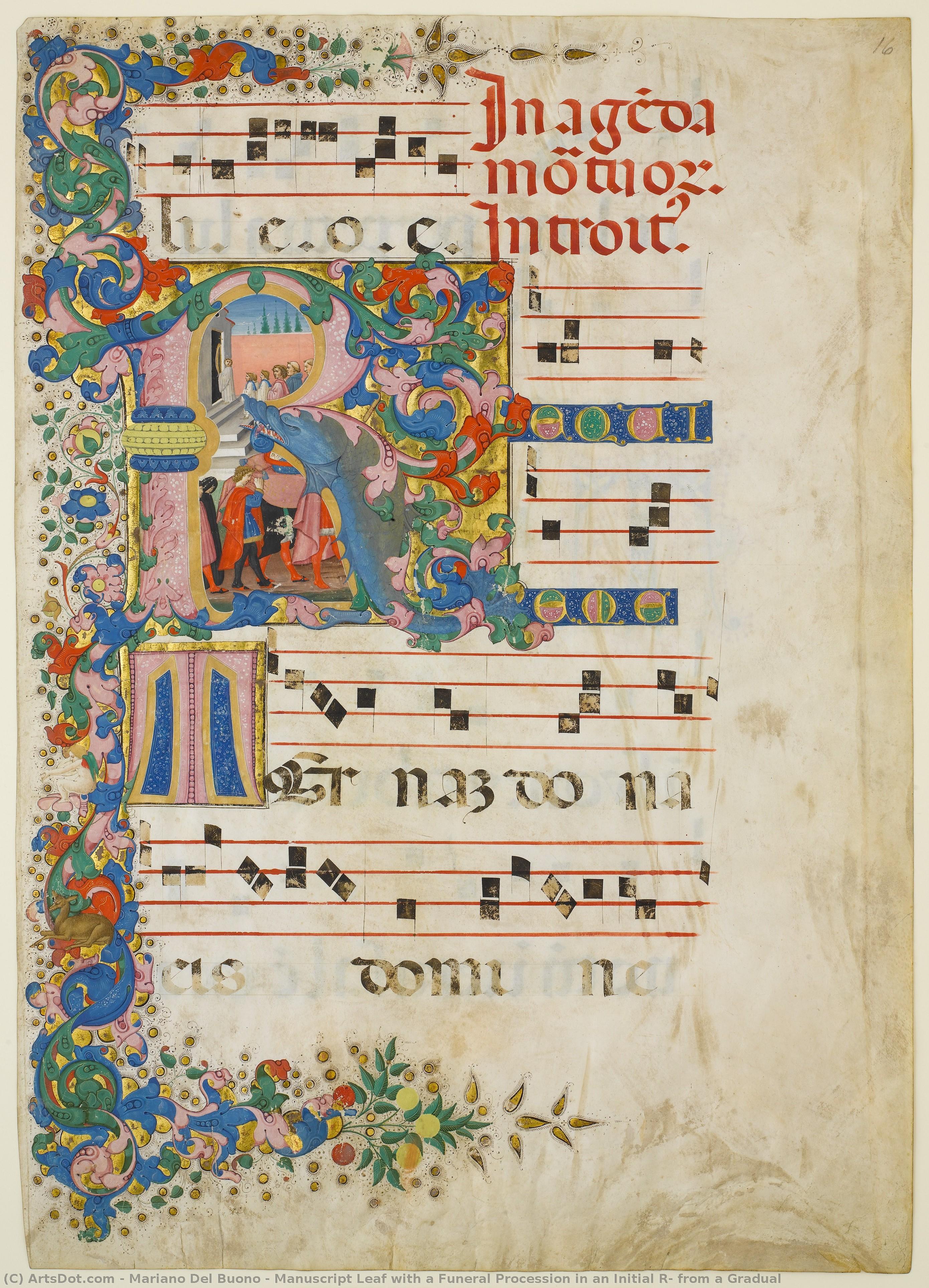 Manuscript Leaf With A Funeral Procession In An Initial R, From A Gradual — Mariano Del Buono