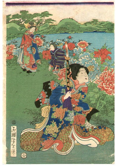 Prince Genji In Peony Garden — Tsukioka Yoshitoshi