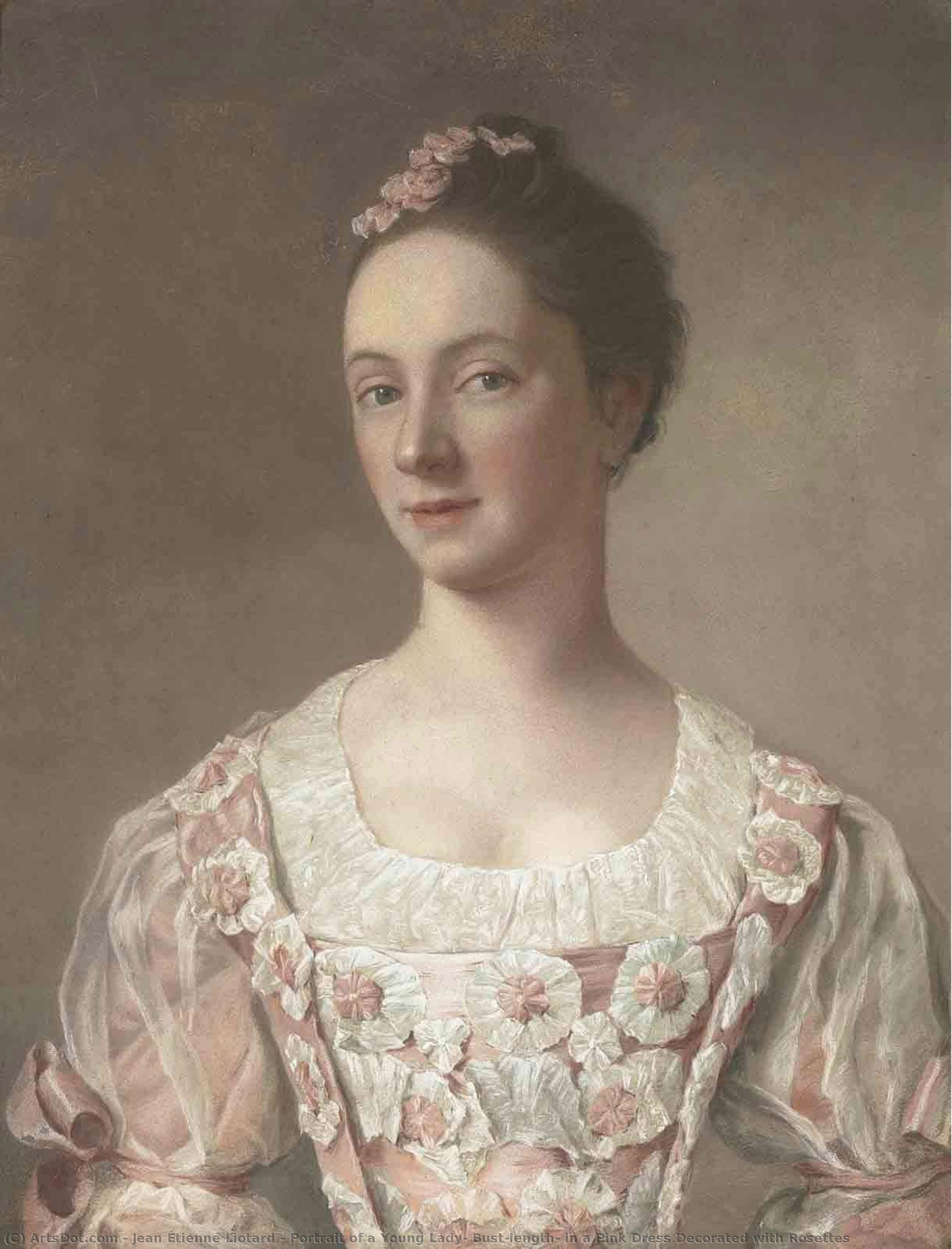 Portrait Of A Young Lady, Bust-length, In A Pink Dress Decorated With Rosettes — Jean-étienne Liotard