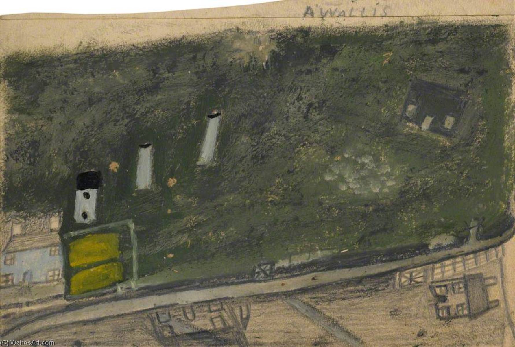 Landscape With Field, Chimneys And Road Between Blue And Dark Green Cottages (consols Mine) — Alfred Wallis