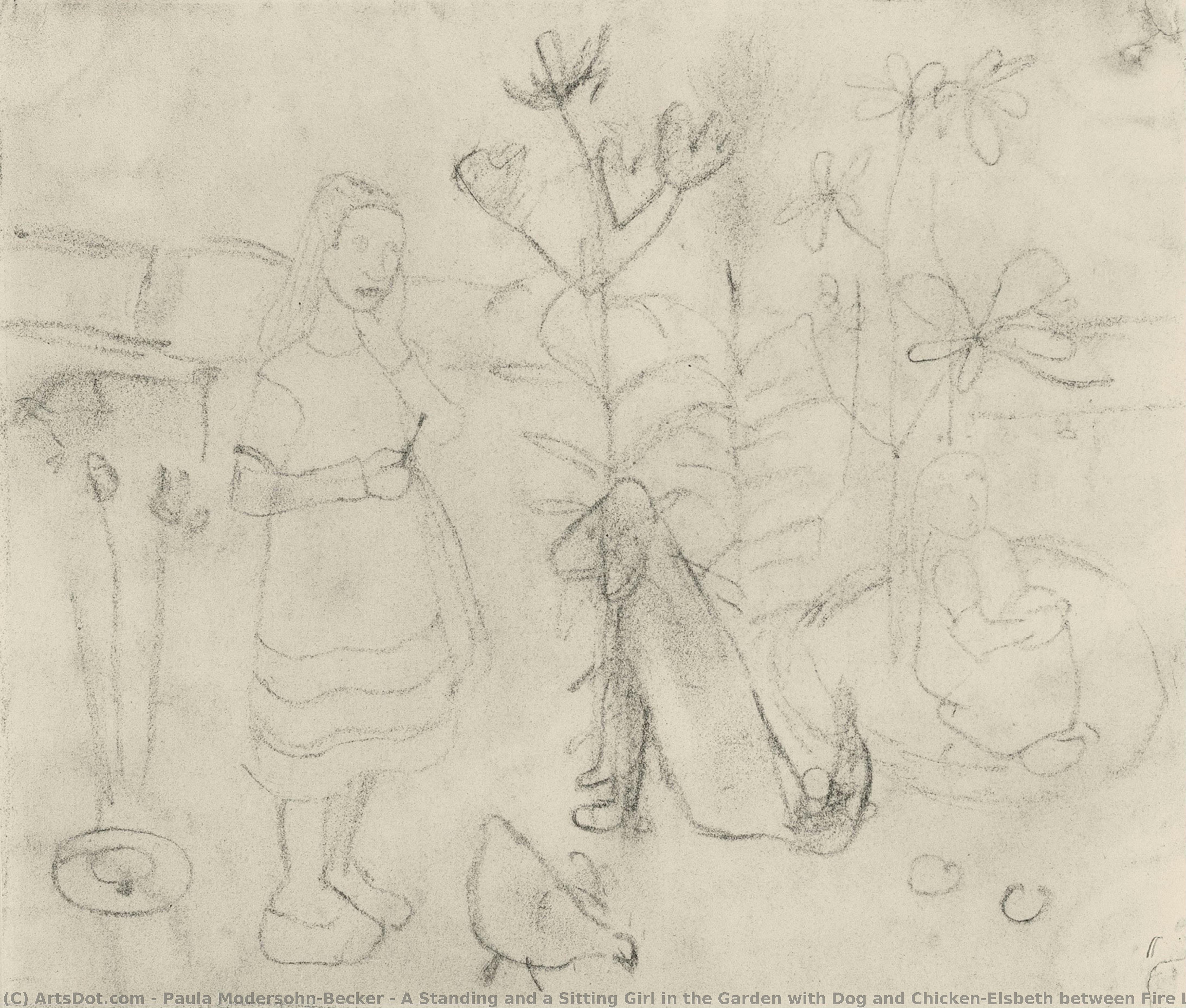 Una Niña De Pie Y Otra Sentada En El Jardín Con Perro Y Gallina/elsbeth Entre Lirios De Fuego — Paula Modersohn-becker
