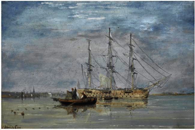 Fisherman Near A Three-mastership In An Estuary, Chichester Beyond — David Cox