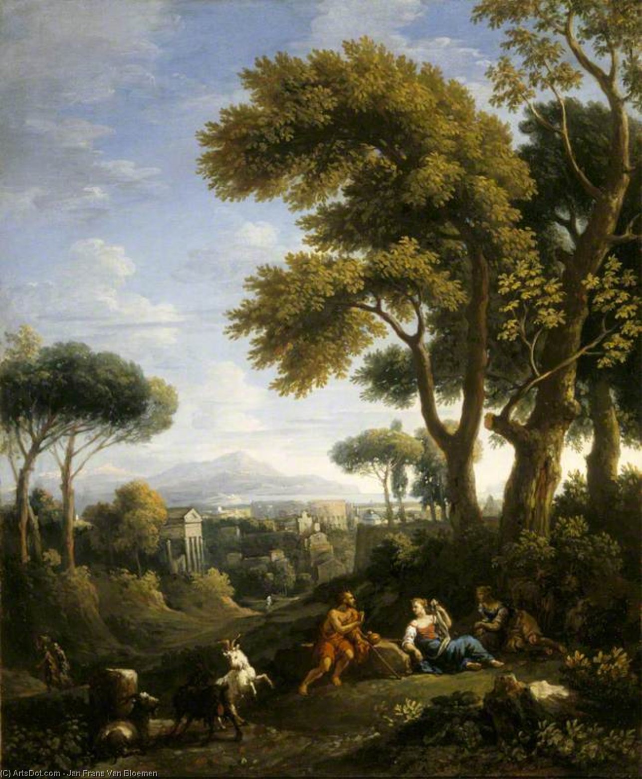 A Classical Landscape With A Traveller And Two Women Conversing And Three Goats Gambolling — Jan Frans Van Bloemen