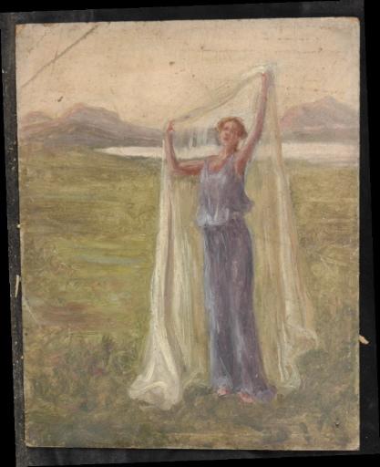 Femme Au Voile En Robe Bleue Dans Une Prairie Au Bord D'un Lac — Valentine Reyre