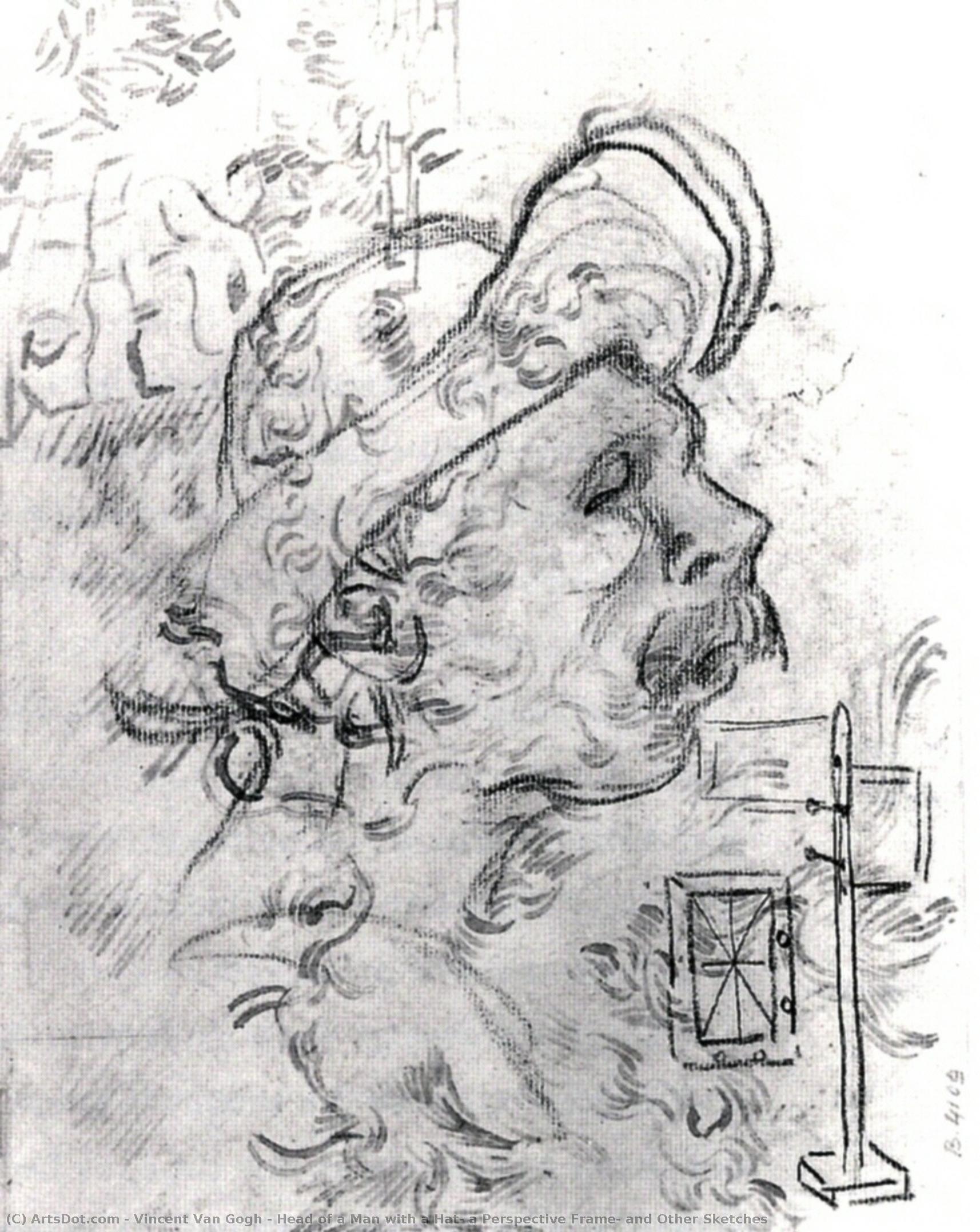 Head Of A Man With A Hat, A Perspective Frame, And Other Sketches — Vincent Willem Van Gogh