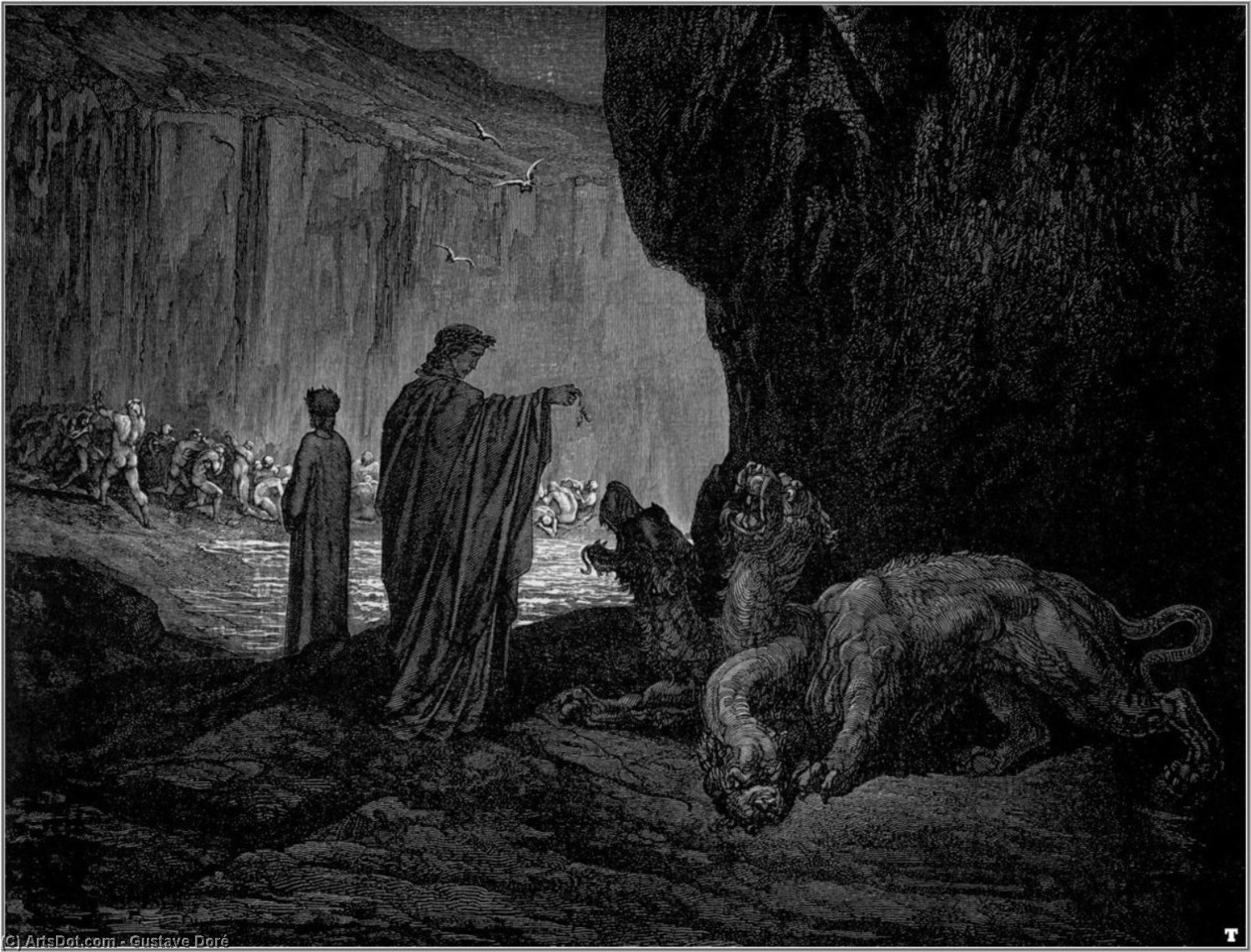The Inferno, Canto 6, Lines 24-26. Then My Guide, His Palms Expanding On The Ground, Thence Filled With Earth Rais’d Them, And Cast It In His Ravenous Maw. — Paul Gustave Doré