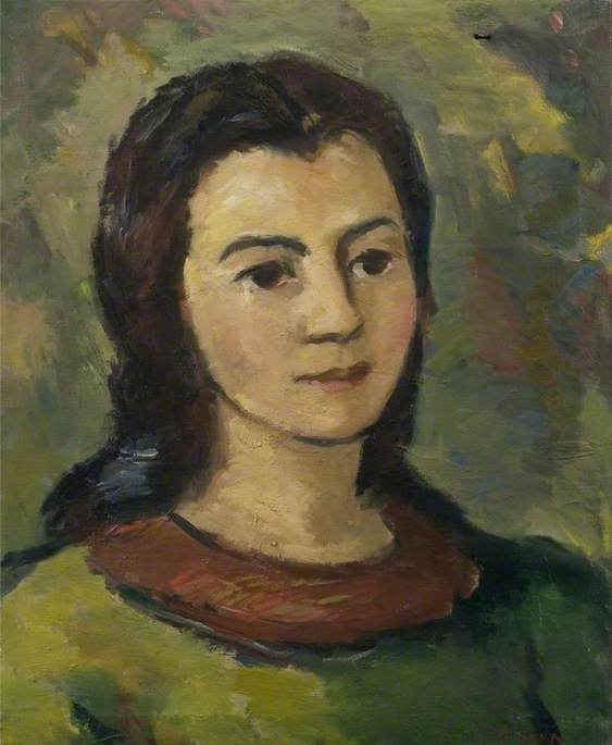 Portrait Of A Young Woman With A Green Dress And A Brown Collar — Theodor Kern