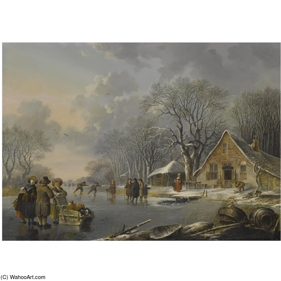 A Winter Landscape With Skaters On A Frozen River Near An Inn — Andries Vermeulen