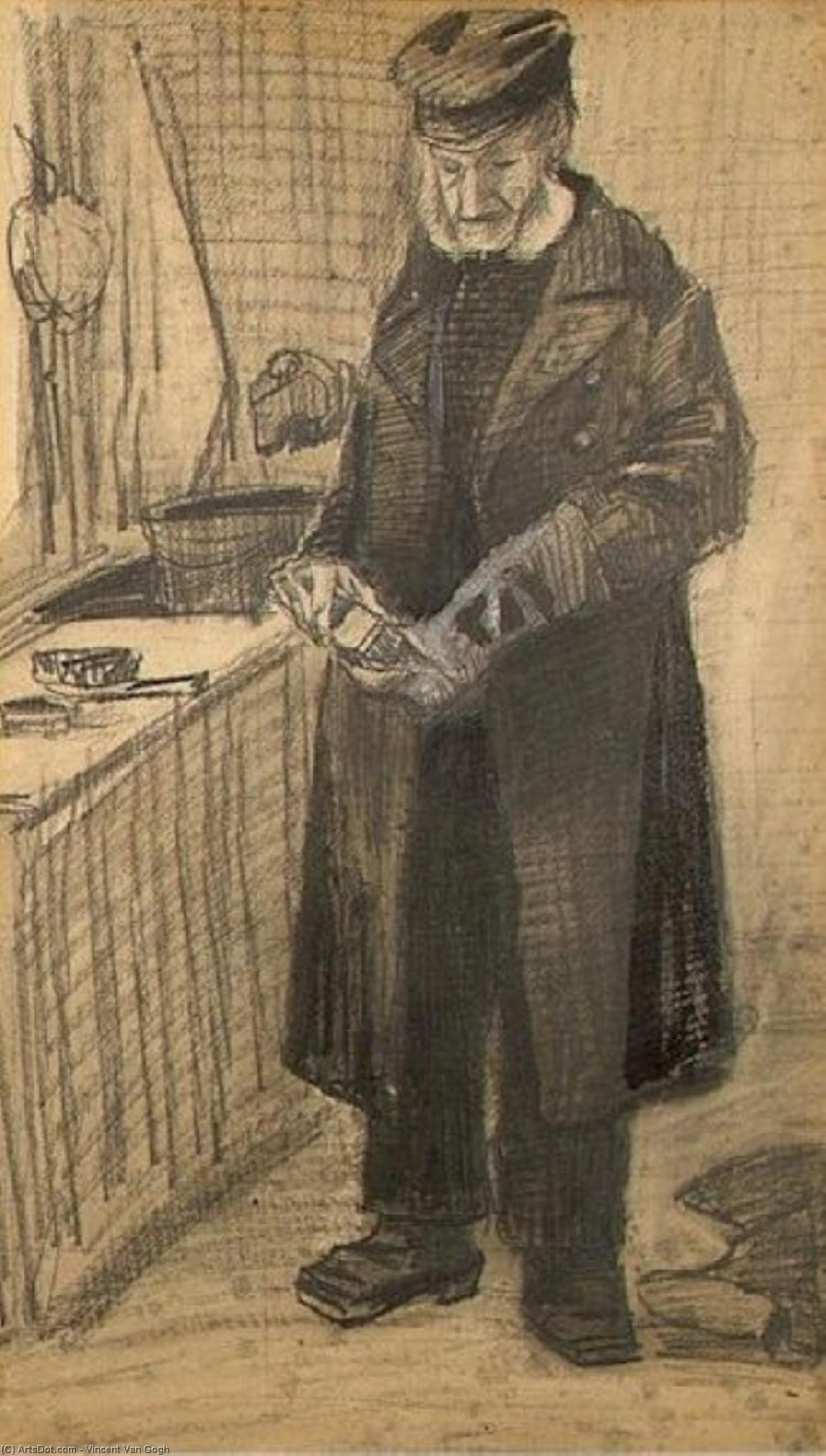 Orphan Man With Long Overcoat Cleaning Boots — Vincent Willem Van Gogh