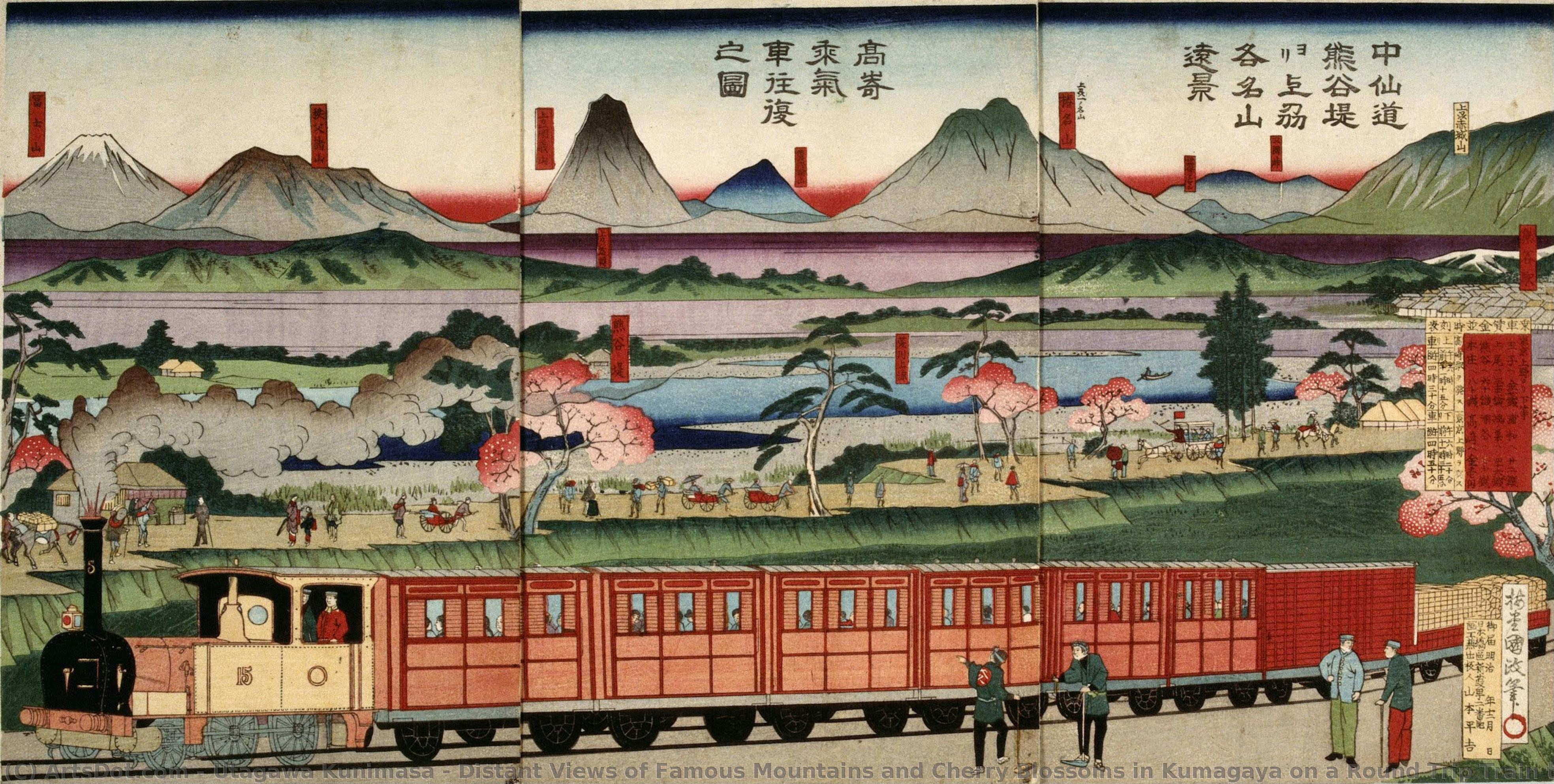 Distant Views Of Famous Mountains And Cherry Blossoms In Kumagaya On A Round Trip Train To Takasaki — Utagawa Kunimasa