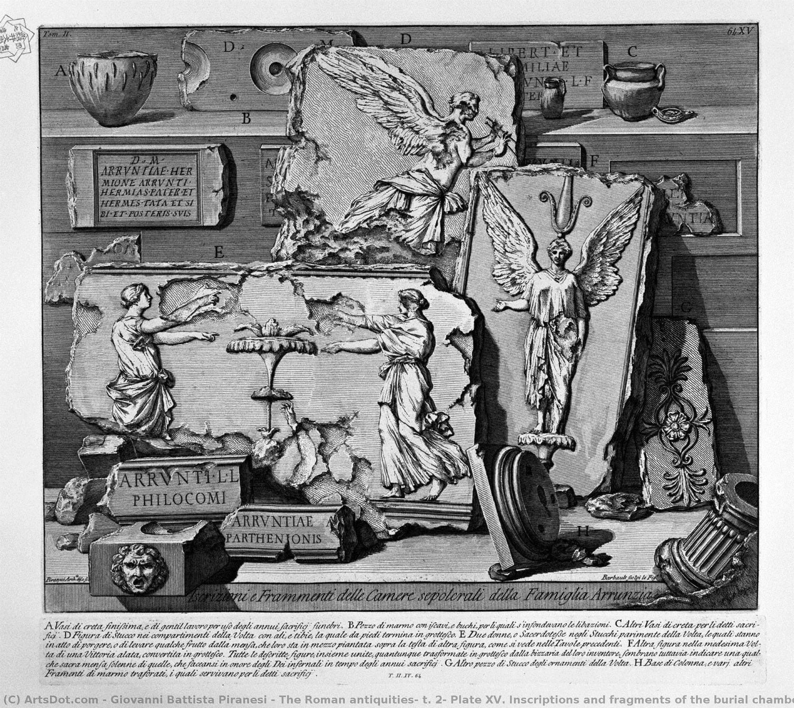 The Roman Antiquities, T. 2, Plate Xv. Inscriptions And Fragments Of The Burial Chambers Of The Family Arrunzia (figures Carved From Barbault). — Giovanni Battista Piranesi