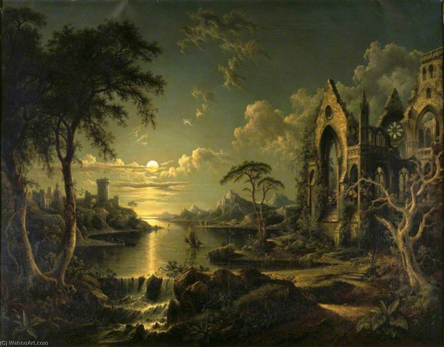 A Ruined Gothic Church Beside A River By Moonlight — Sebastian Pether
