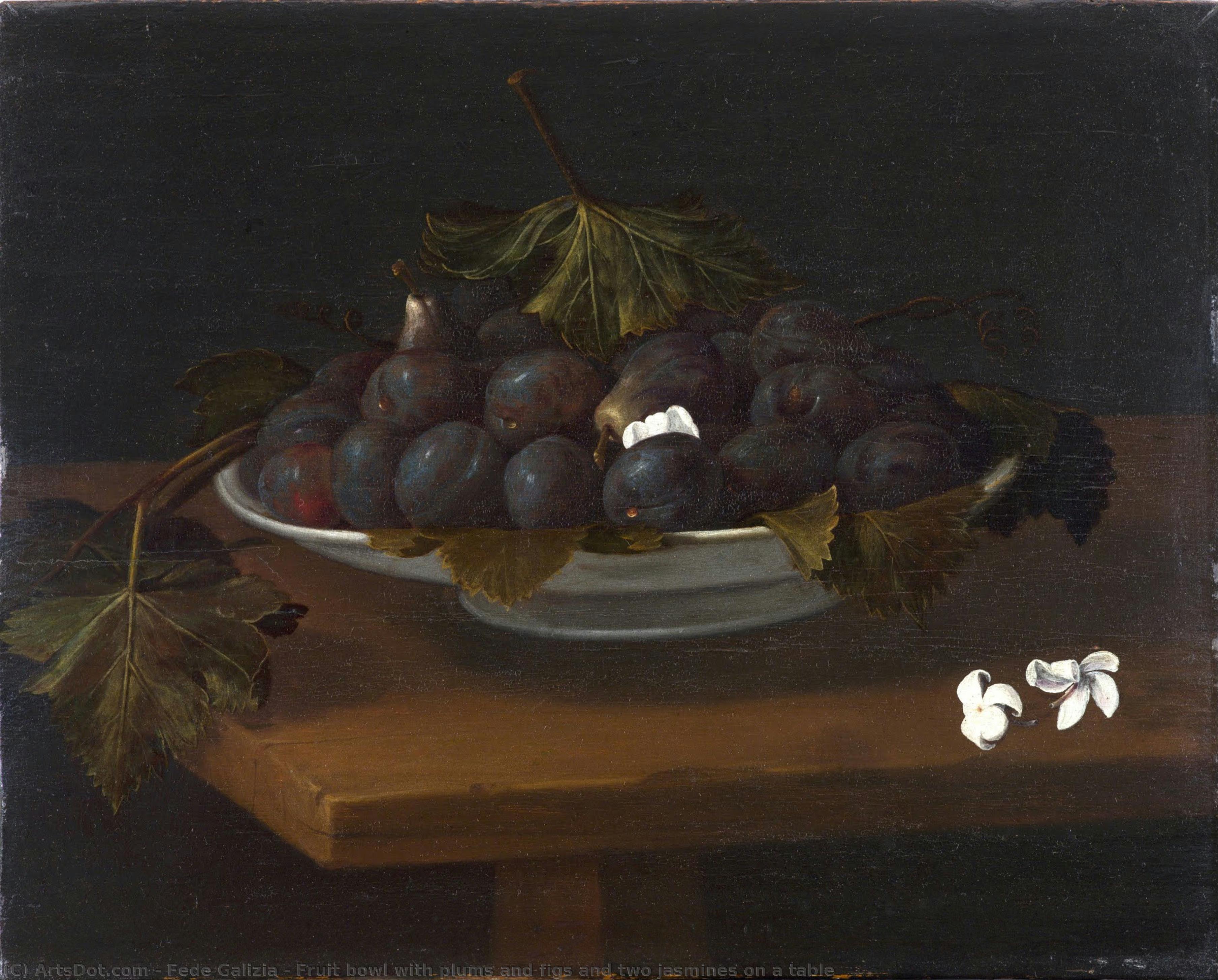 Fruit Bowl With Plums And Figs And Two Jasmines On A Table — Fede Galizia