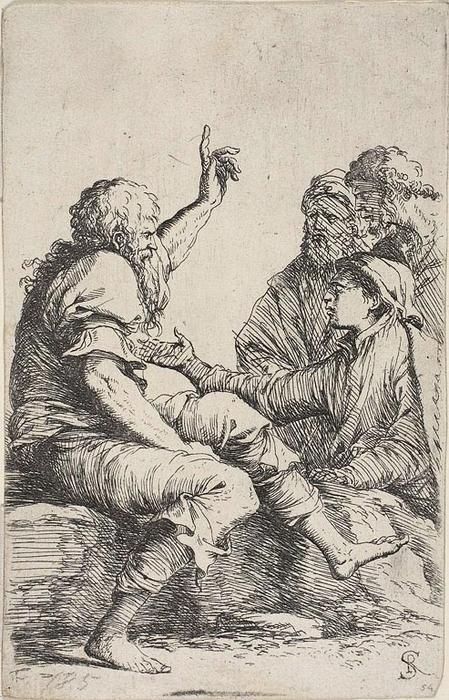 A Bearded Old Man Seated On A Rock And Making A Hortatory Gesture Toward Three Men Opposite Him, From Figurine Series — Salvator Rosa