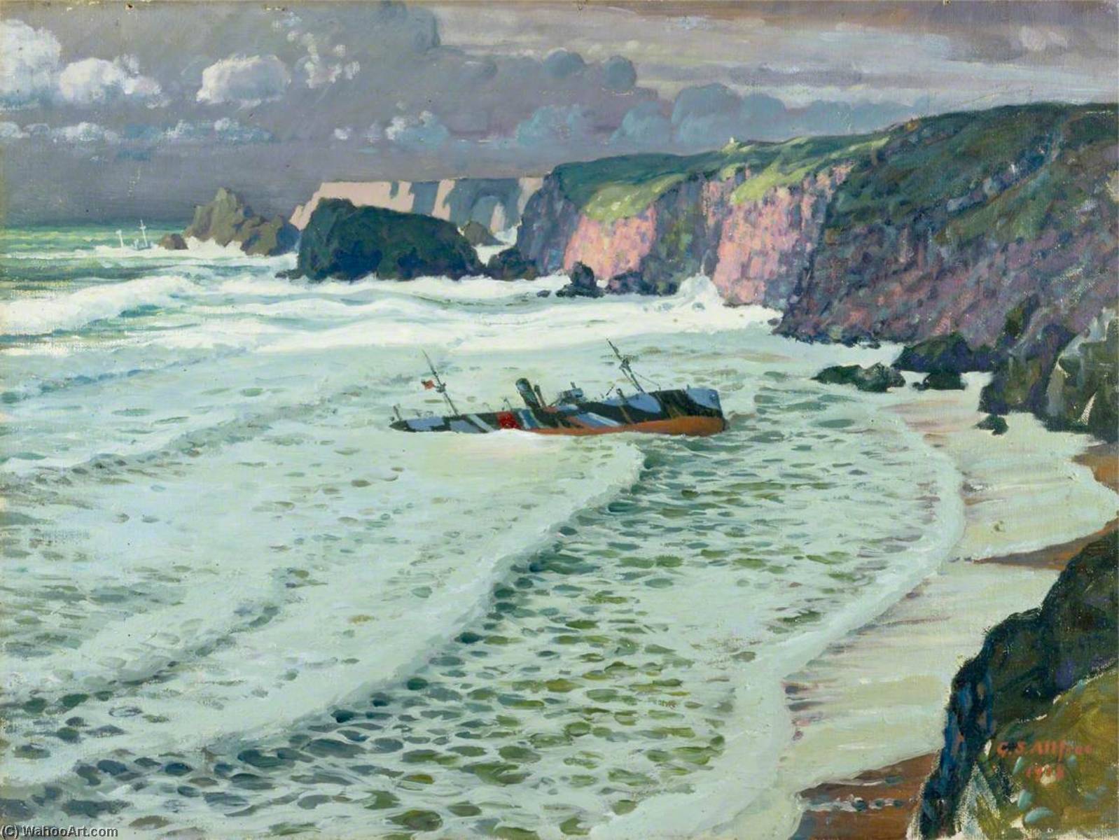 A Torpedoed Tramp Steamer Off The Longships, Cornwall — Geoffrey Stephen Allfree