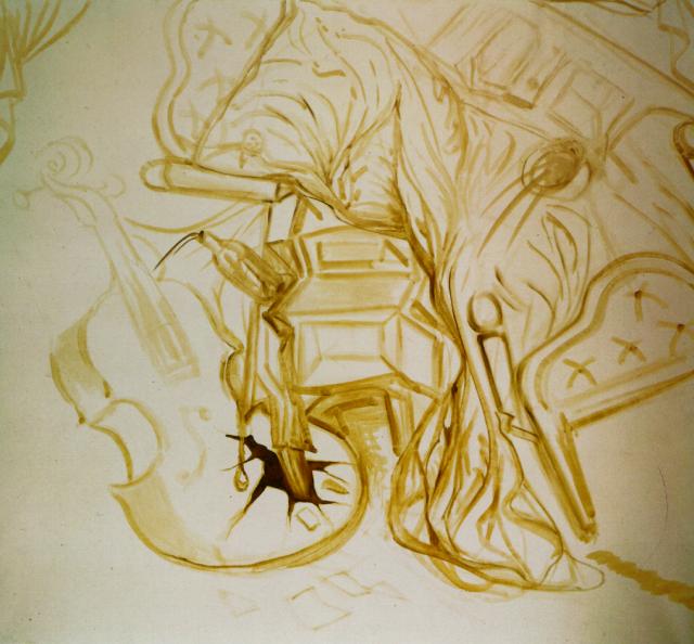 Bett Und Nachttisch Greifen Ein Cello Wild An, 1983 — Salvador Dalí