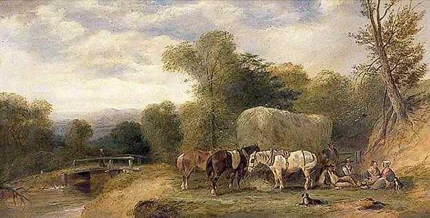 Carthorses And Rustics By A Stream — William Shayer Senior