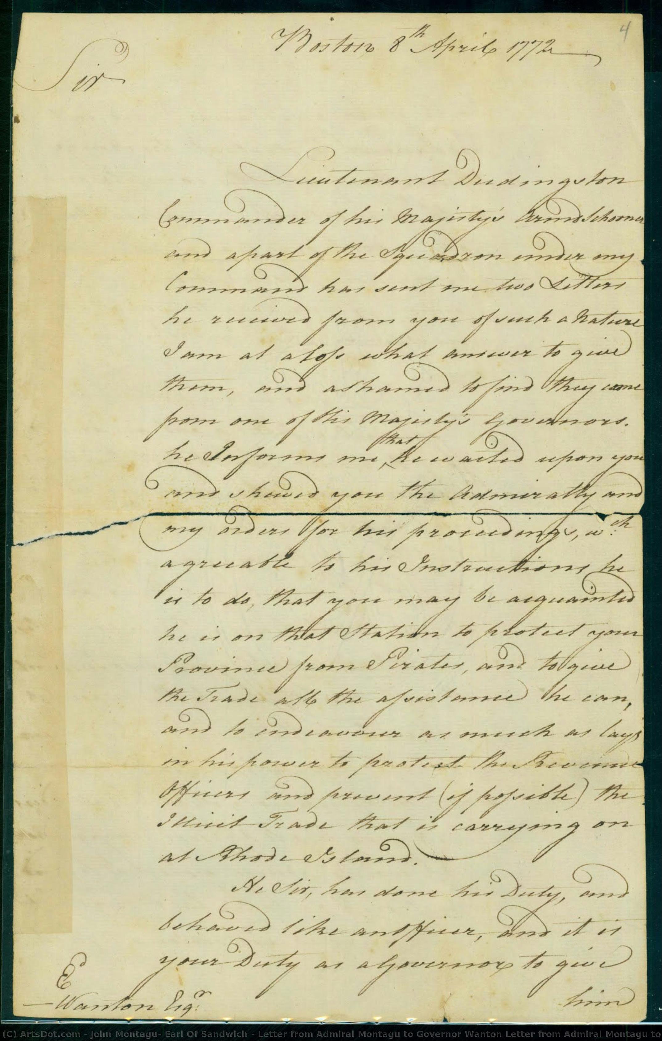 Letter From Admiral Montagu To Governor Wanton Letter From Admiral Montagu To Governor Wanton, Page 1 — John Montagu, Earl Of Sandwich