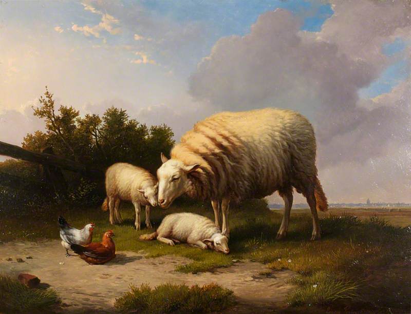 A Sheep, Two Lambs, A Cock And A Hen In A Landscape — Eugène Joseph Verboeckhoven