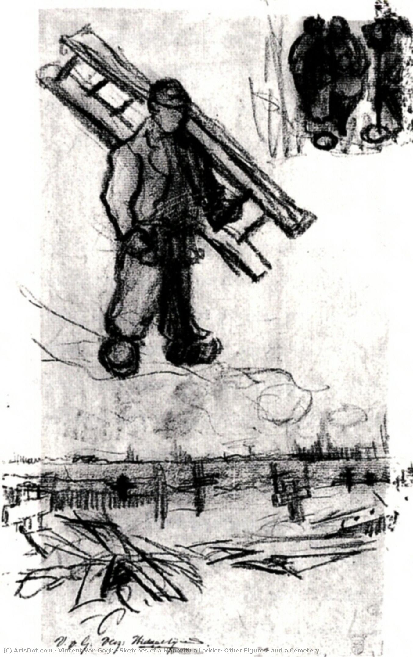 Sketches Of A Man With A Ladder, Other Figures, And A Cemetery — Vincent Van Gog
