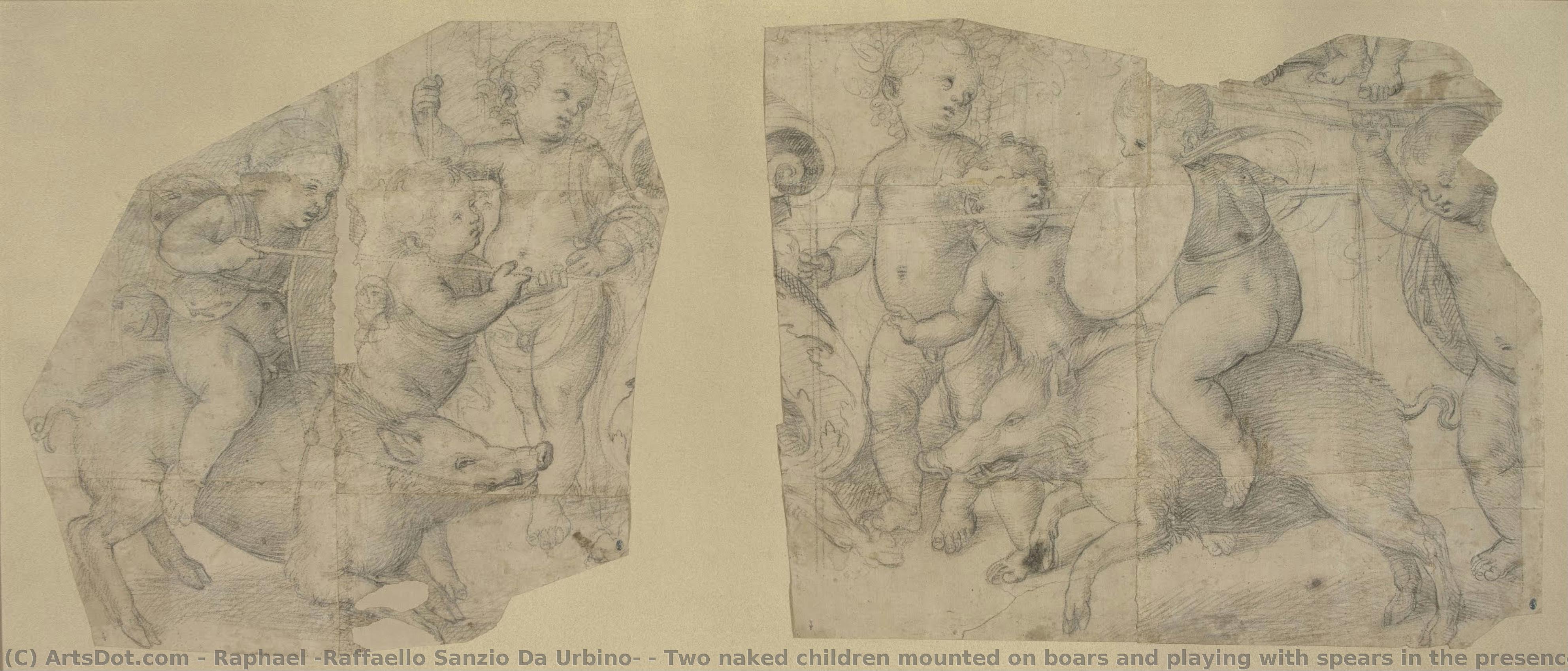 Two Naked Children Mounted On Boars And Playing With Spears In The Presence Of Six Other Naked Children. — Raphael