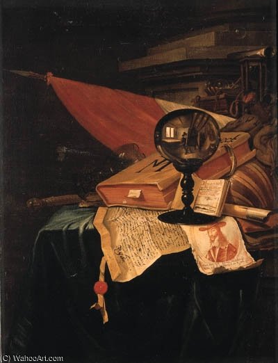 A Vanitas Still Life With The Artist At His Easel Reflected In A Crystal Ball — Vincent I Laurensz Van Der Vinne