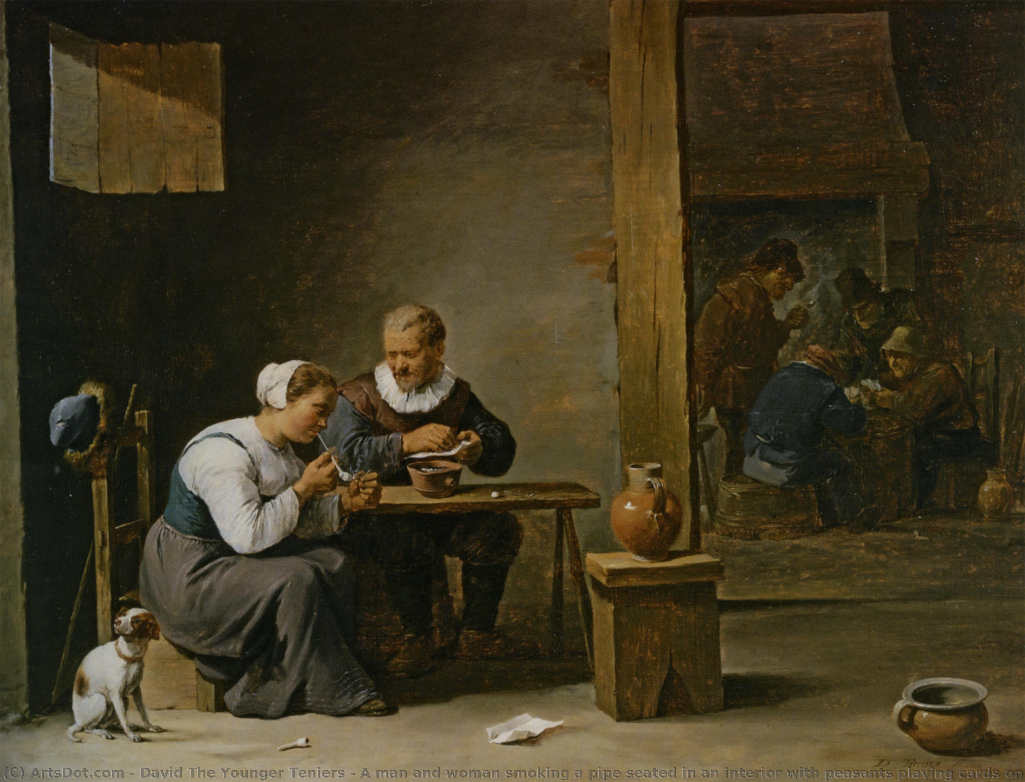 A Man And Woman Smoking A Pipe Seated In An Interior With Peasants Playing Cards On A Table — David Tenije Mlađi