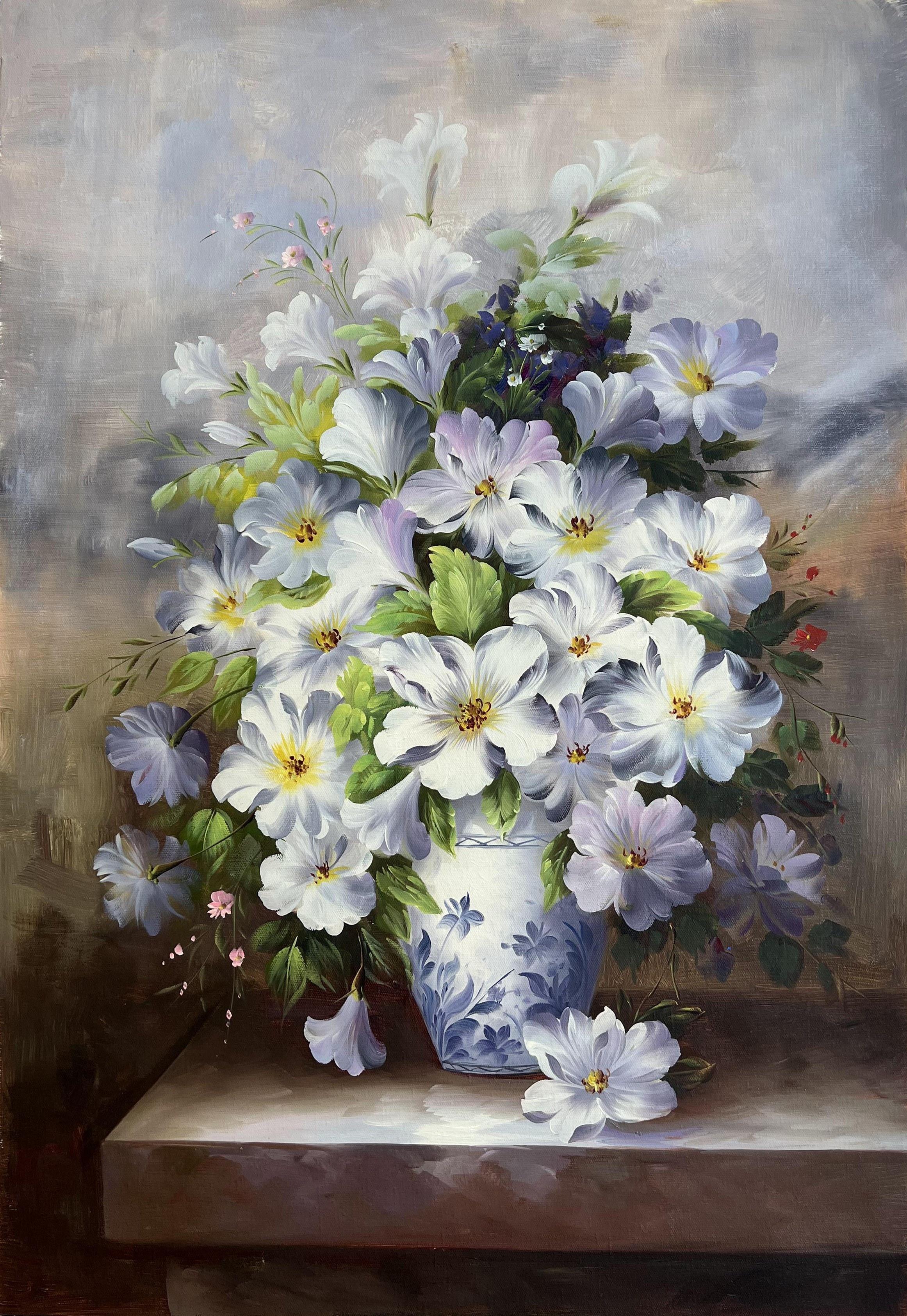 Impressionist White Blossoms In Blue Porcelain Vase