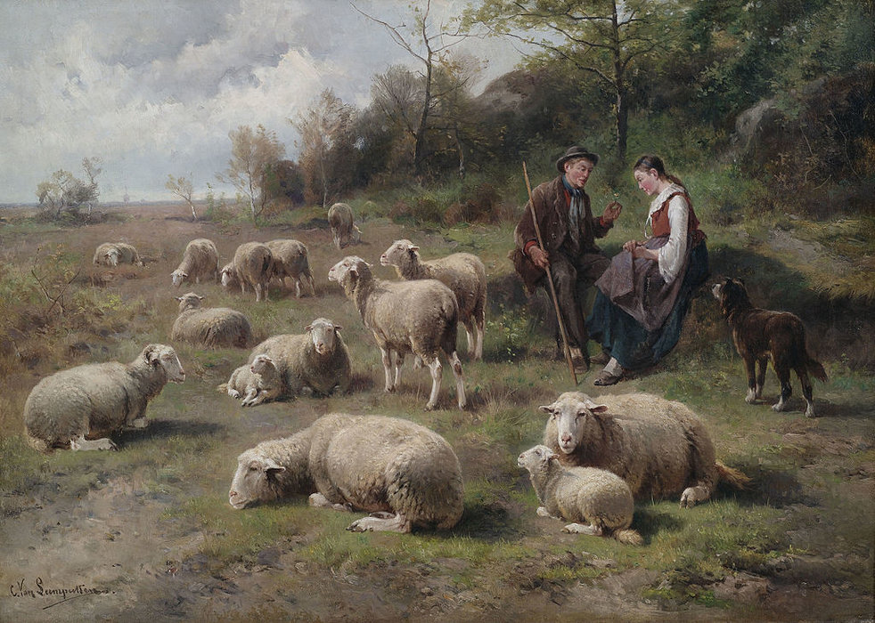 Schäferpaar Mit Herde In Weidelandschaft — Cornelis Van Leemputten