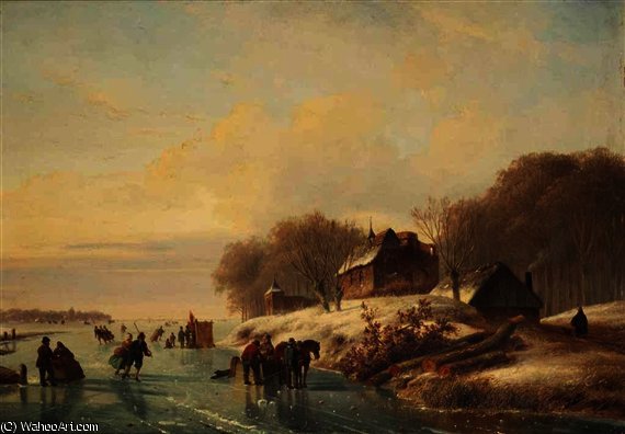 Skating In A Winter Landscape At Dusk — Nicolaas Johannes Roosenboom