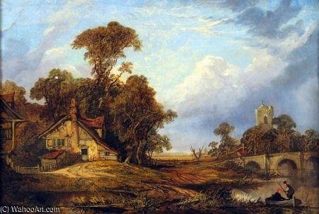 East Anglian River Landscape With Figures In A Punt By A Bridge — Paul Jones