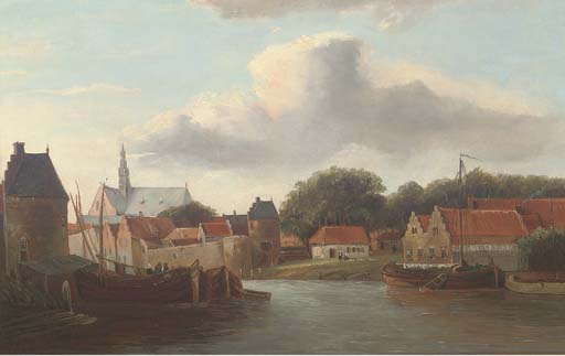 A Dutch River Town With Barges — Cornelis Springer