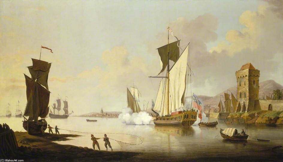 Fishing Scene, With A Yacht Beached Near The Shore — Francis Swaine