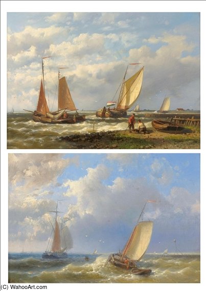 Figures And Fishing Boats In A Dutch Estuary — Abraham Hulk Senior