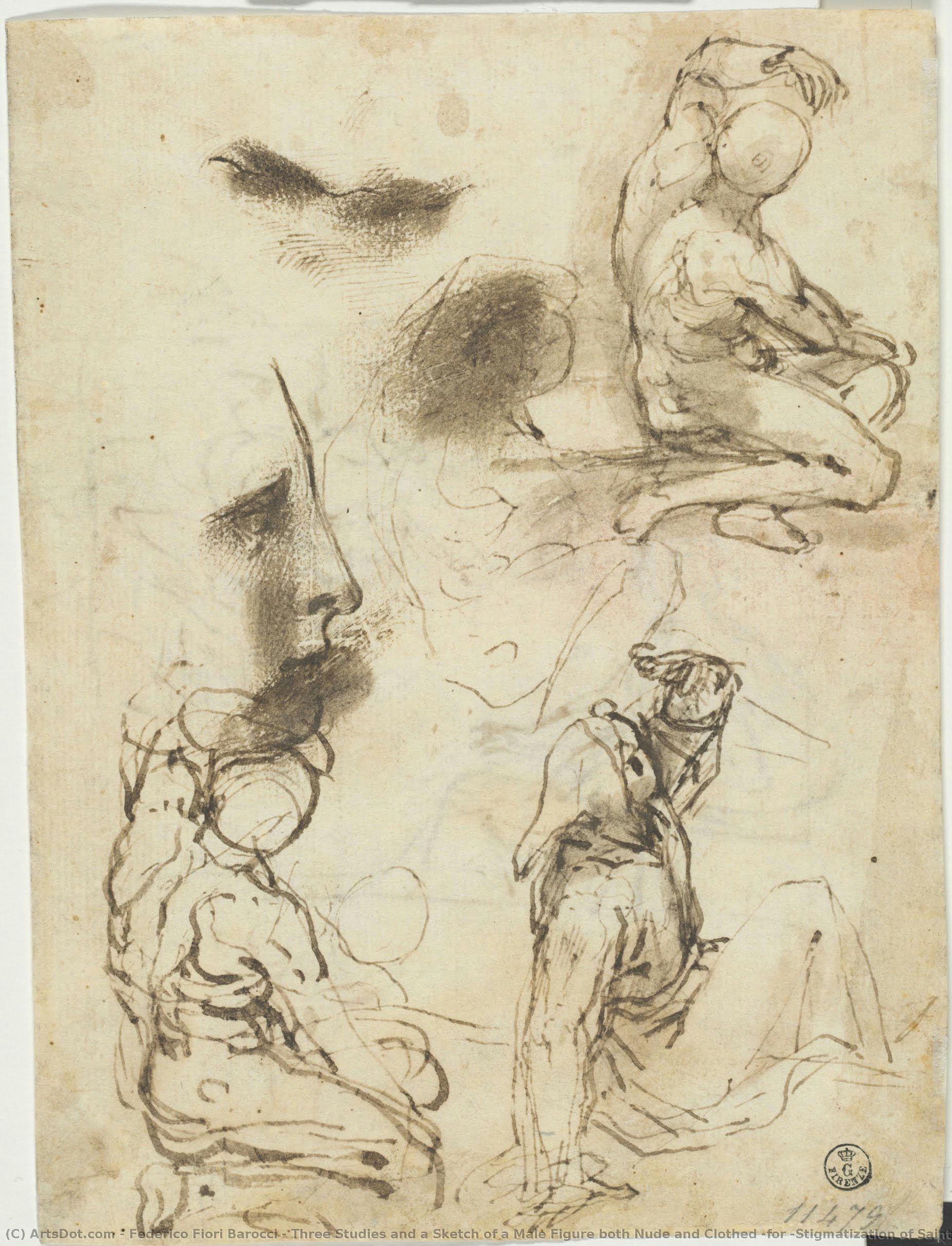Drei Studien Und Eine Skizze Einer Männlichen Figur, Sowohl Nackt Als Auch Bekleidet (für „stigmatisierung Des Heiligen Franziskus“, Urbino, Galleria Nazionale Delle Marche); Profil — Federico Fiori Barocci