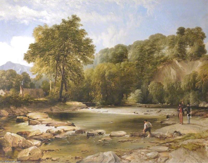 The River Ogwen At Cochwillan Mill, With The Artist Fishing, Watched By General Cartwright — Frederick Richard Lee