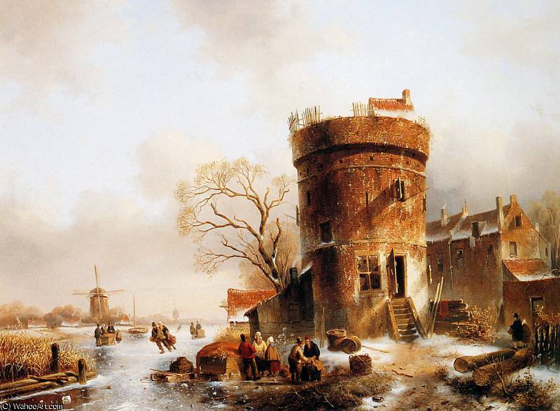 Winter Scene With Round Tower Sun — Charles Henri Joseph Leickert