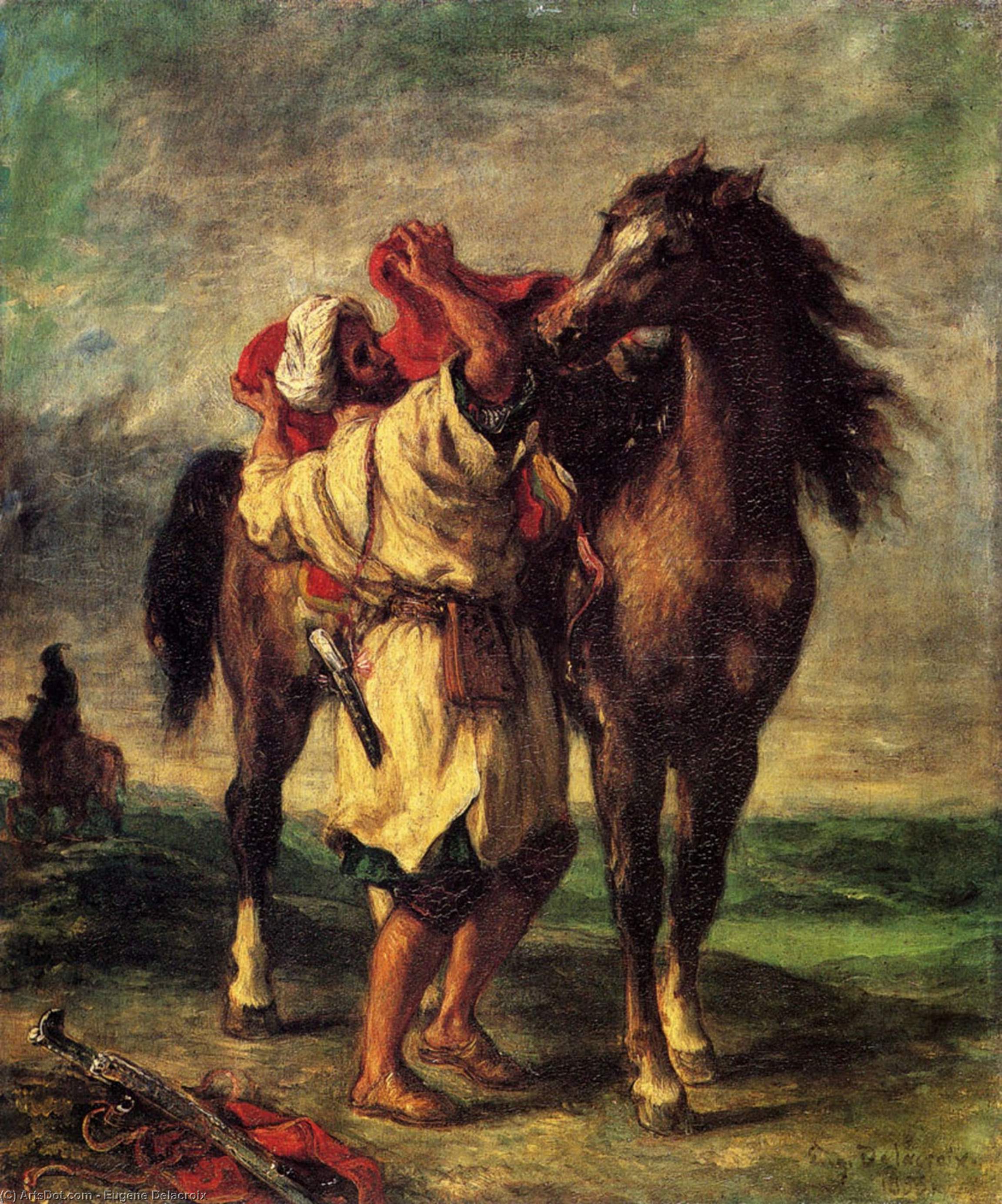 Ferdinand Victor Eugene A Moroccan Saddling A Horse — Eugène Delacroix